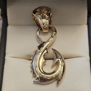 SOLD 14k Gold Fish Hook Pendant with Intricate Design